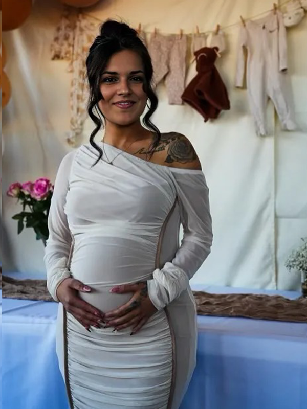 Chic- Off Shoulder Mesh Ruched Bodycon Maternity Maxi Dress