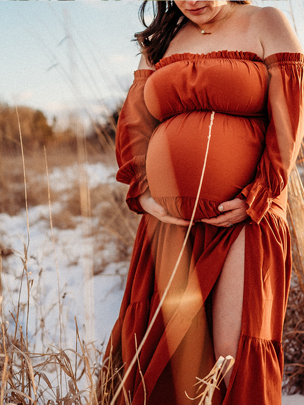 Chic- Boho Off Shoulder Puff Sleeves Maternity Photoshoot Maxi Dress