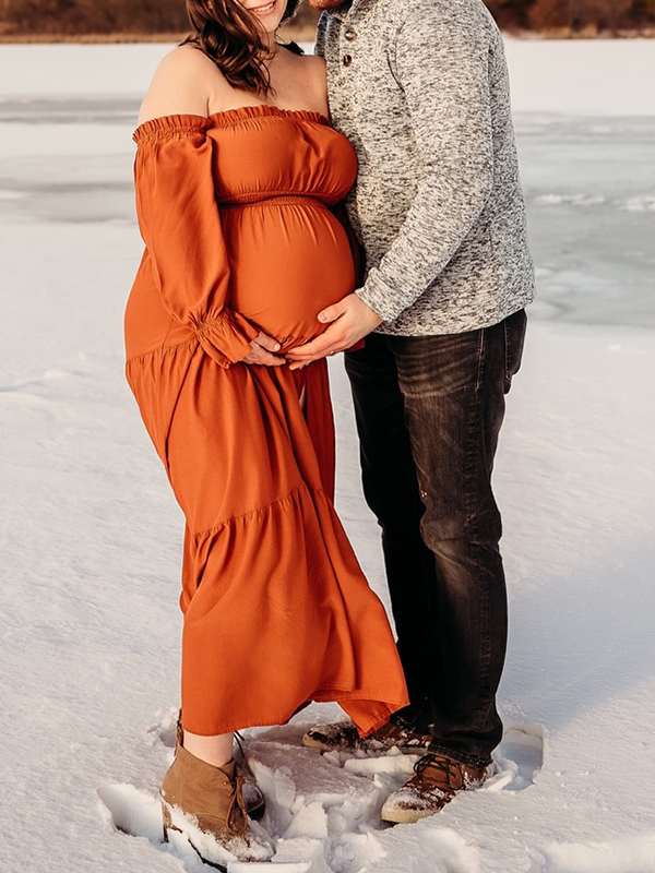 Chic- Boho Off Shoulder Puff Sleeves Maternity Photoshoot Maxi Dress