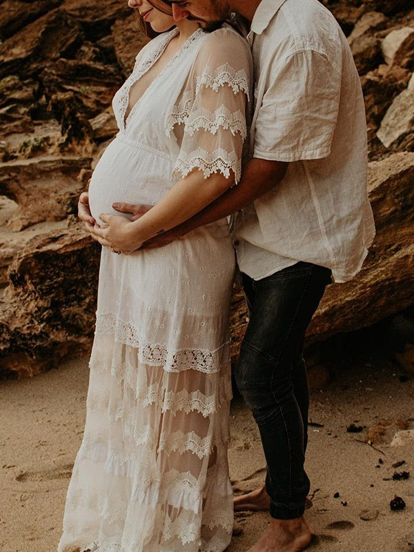 Lace-White Tassel V-Neck Boho Maternity Maxi Dress