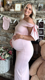 Chic-Pink Bowknot Off Shoulder Fitted Baby Shower Maternity Maxi Dress
