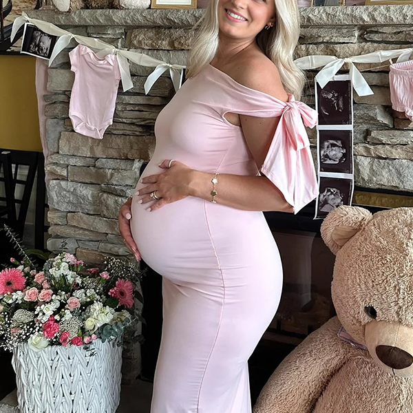 Chic-Pink Bowknot Off Shoulder Fitted Baby Shower Maternity Maxi Dress