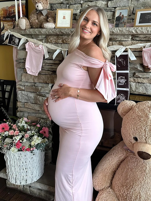 Chic-Pink Bowknot Off Shoulder Fitted Baby Shower Maternity Maxi Dress