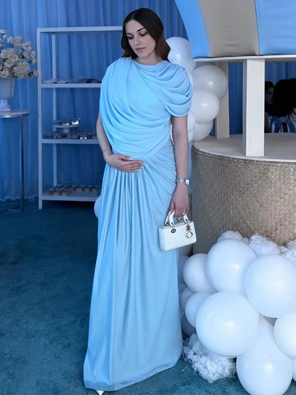 Chic-Blue Ruched Fitted Baby Shower Maternity Maxi Dress
