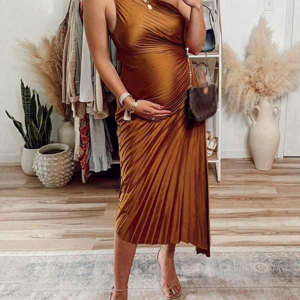 Casualwear-One Shoulder Pleated Maternity Midi Dress