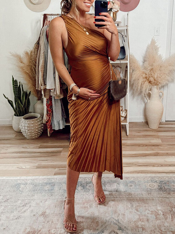 Casualwear-One Shoulder Pleated Maternity Midi Dress