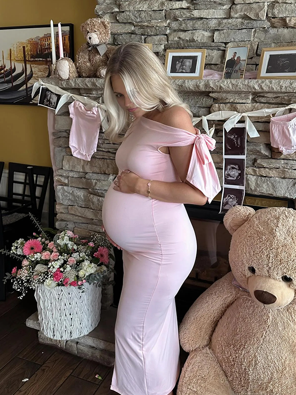 off shoulder pink maternity dress Momyknows Pink Off Shoulder Bandeau Ribbed Pleated Bodycon Puff Sleeve Evening Gown Baby Shower Maternity Maxi Dress