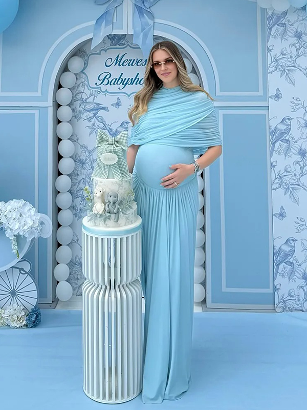 Chic-Blue Ruched Fitted Baby Shower Maternity Maxi Dress