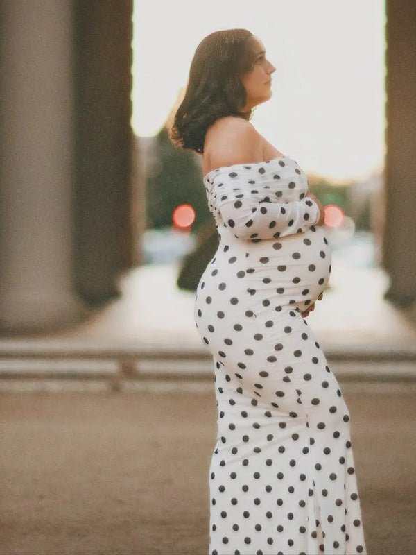 Chic-Polka Dot Off-Shoulder Backless Bodycon Maternity Maxi Dress