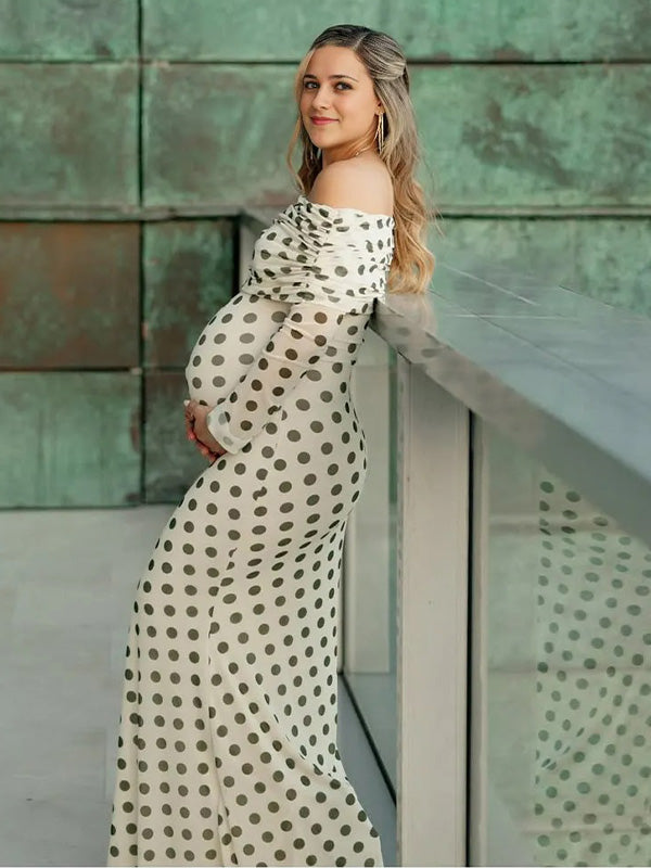 Chic-Bodycon Off Shoulder Polka Dot Maternity Maxi Dress