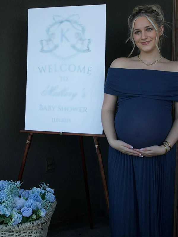 Casualwear-Off Shoulder Pleated  Maternity Maxi Dress