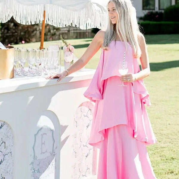 Casualwear-Pink Multi-Layer Ruffled Spaghetti Strap Maternity Maxi Dress