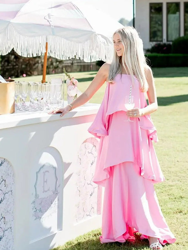 Casualwear-Pink Multi-Layer Ruffled Spaghetti Strap Maternity Maxi Dress