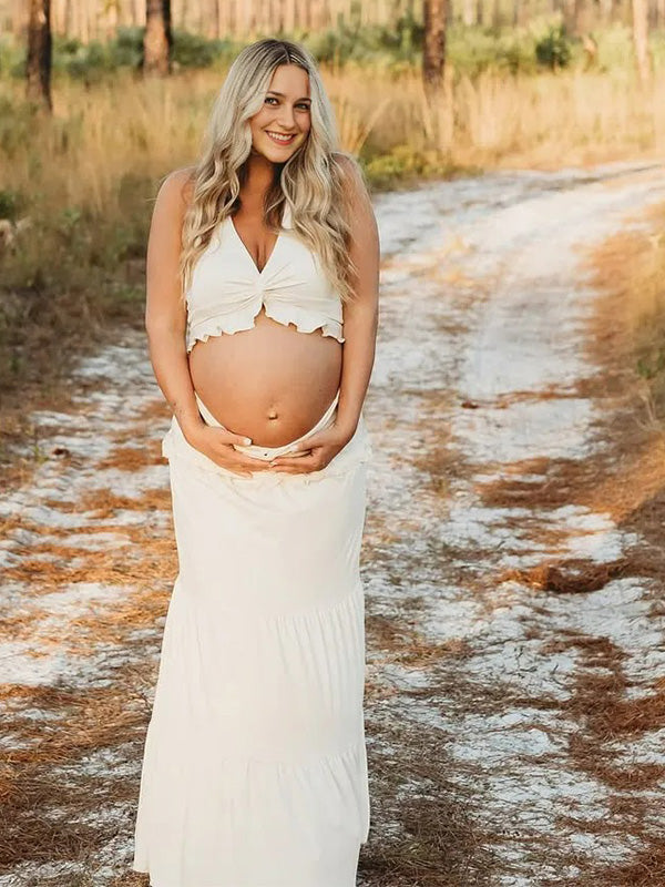 Crop-2-Piece Halter Maternity Maxi Dress