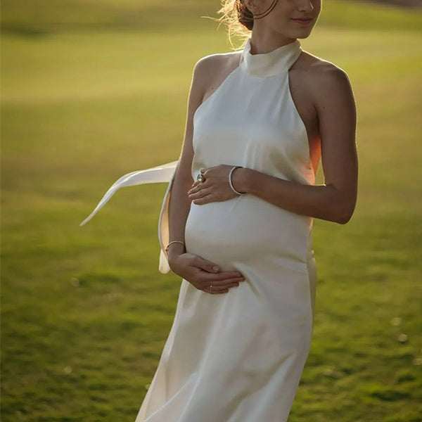 Chic-White Halter Tie-Back Maternity Maxi Dress