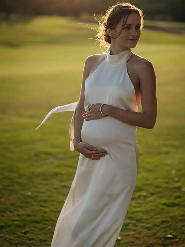 Chic-White Halter Tie-Back Maternity Maxi Dress