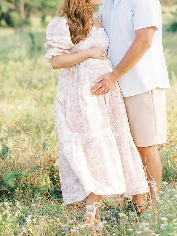 Chic-Floral Puff Sleeve Maternity Maxi Dress