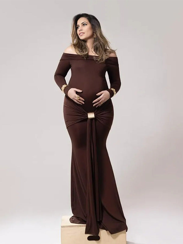Chic-0ff Shoulder Bodycon Photoshoot Maternity Shoot Maxi Dress