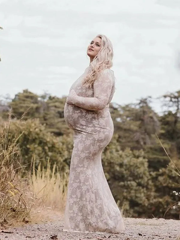 Lace-Long Sleeve Floral Mermaid Bodycon Maternity Maxi Dress