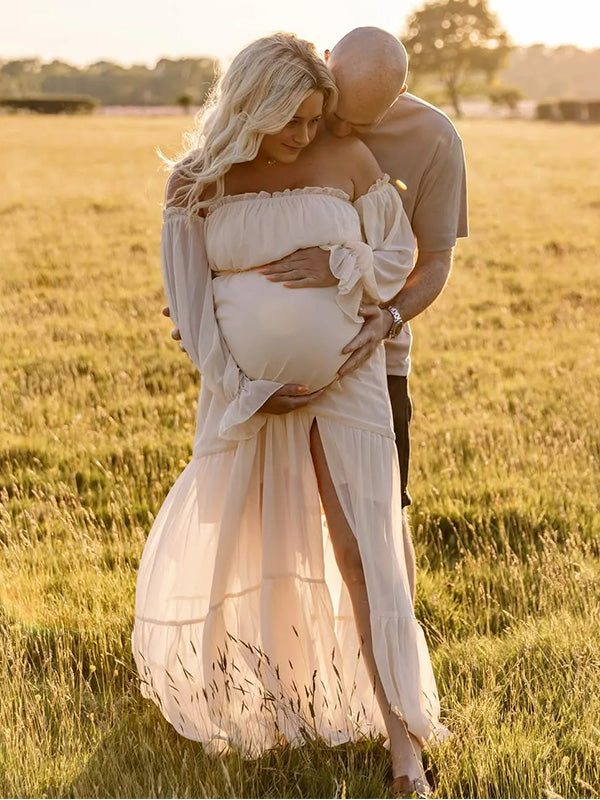 Chic-Puff Sleeve Off Shoulder Maternity Shoot Maxi Dress