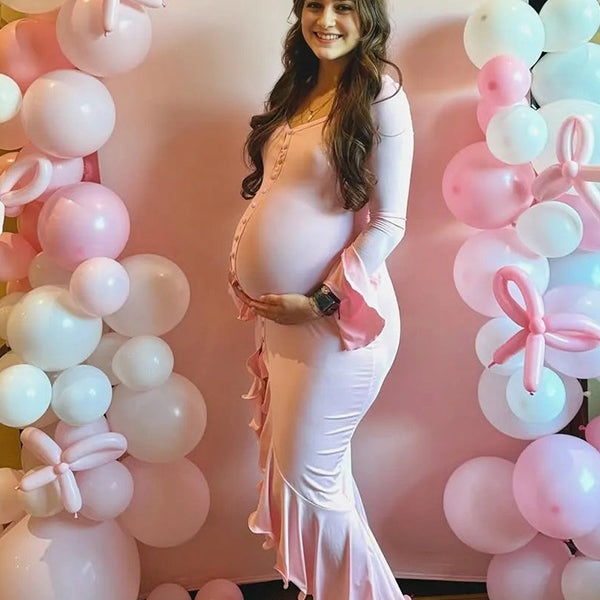 Chic-V-neck Bell-Sleeve Ruffled Slit Maternity Maxi Dress