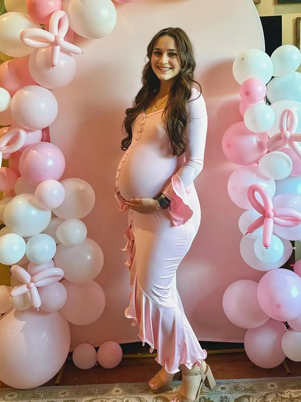 Chic-V-neck Bell-Sleeve Ruffled Slit Maternity Maxi Dress