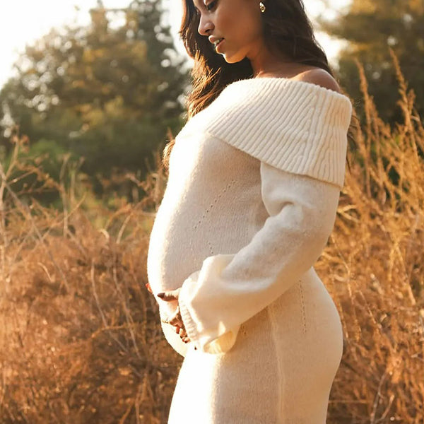 Casualwear- Off Shoulder Bodycon Photoshoot Maternity Maxi Sweater Dress