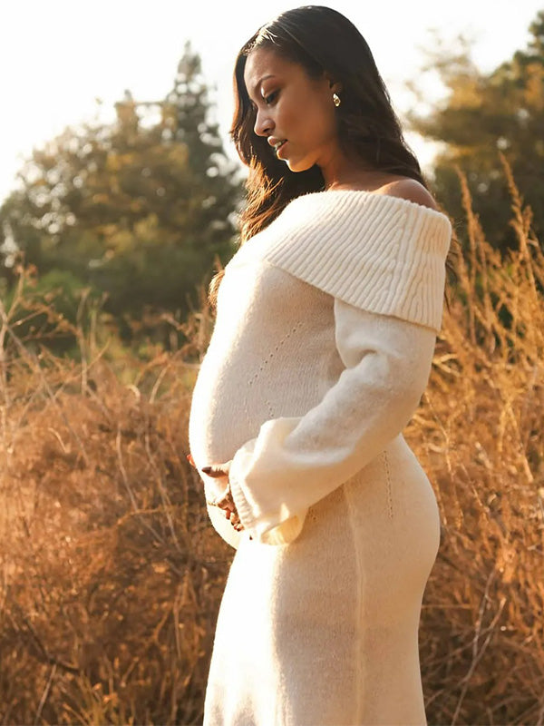 Casualwear- Off Shoulder Bodycon Photoshoot Maternity Maxi Sweater Dress