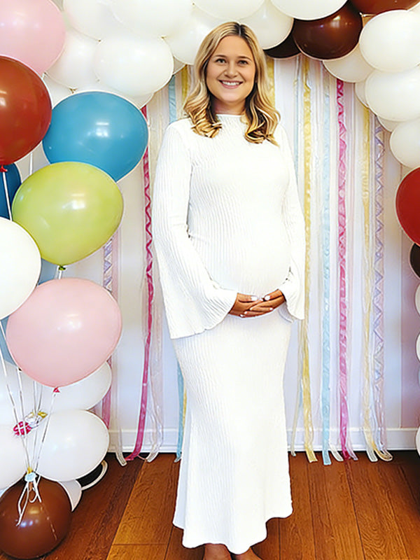 Casualwear- White Long Sleeves Bodycon Maternity Maxi Dress