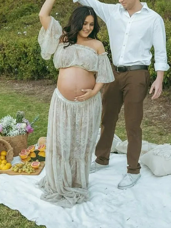 Crop-Boho Off-Shoulder Lace Maternity Photoshoot Dress