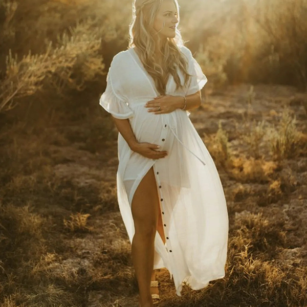 Chic-White Line Ruffle Boho V-Neck Photoshoot Maternity Maxi Dess