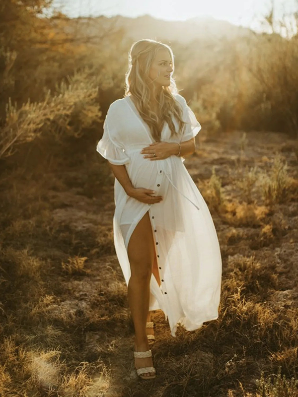 Chic-White Line Ruffle Boho V-Neck Photoshoot Maternity Maxi Dess