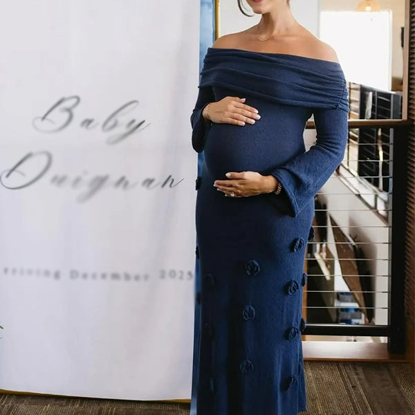 Chic- Blue One-Shoulder 3D Floral Long Slevees Knit Maternity Dress