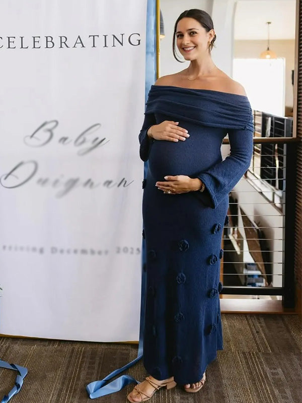 Chic- Blue One-Shoulder 3D Floral Long Slevees Knit Maternity Dress