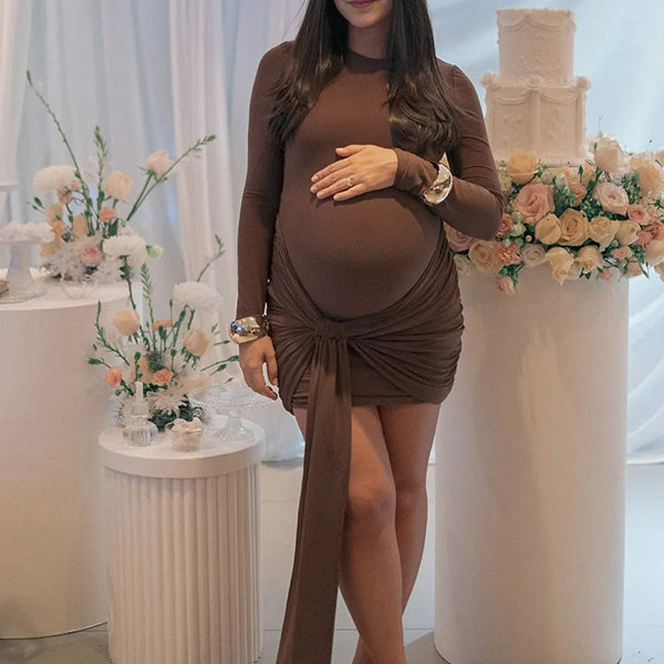 Casualwear-Bodycon Long-sleeved Tie-detail Maternity Mini Dress