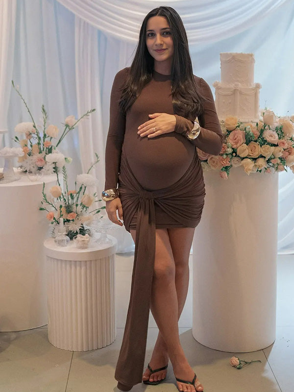 Casualwear-Bodycon Long-sleeved Tie-detail Maternity Mini Dress