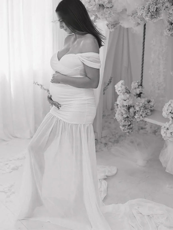 Chic- White Off Shoulder Flowy Maternity Maxi Dress