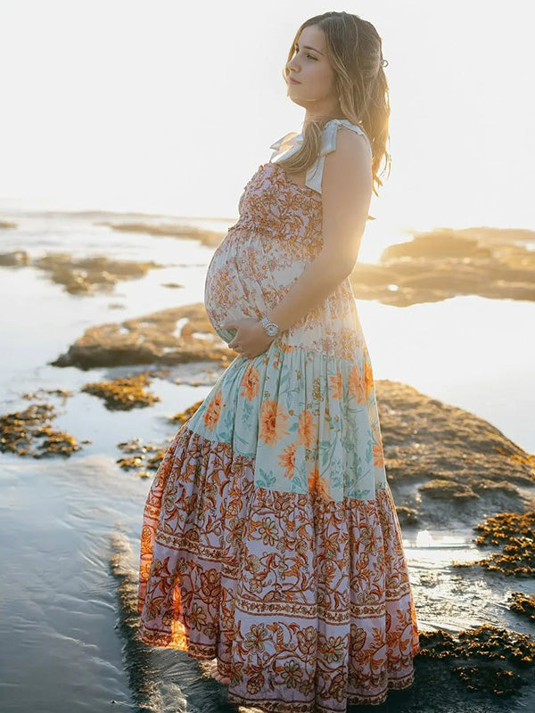 Casualwear- Vintage Floral Backless Baby Shower Photoshoot Maternity Maxi Dress