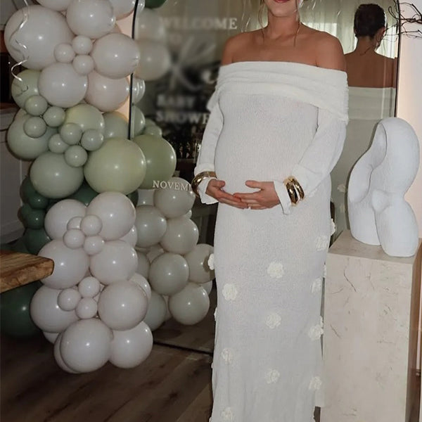 Chic-White Off-Shoulder 3D Floral Long-Sleeve Knit Maternity Maxi Dress