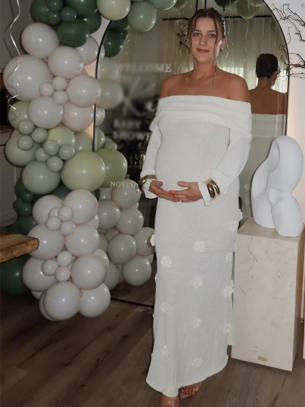 Chic-White Off-Shoulder 3D Floral Long-Sleeve Knit Maternity Maxi Dress