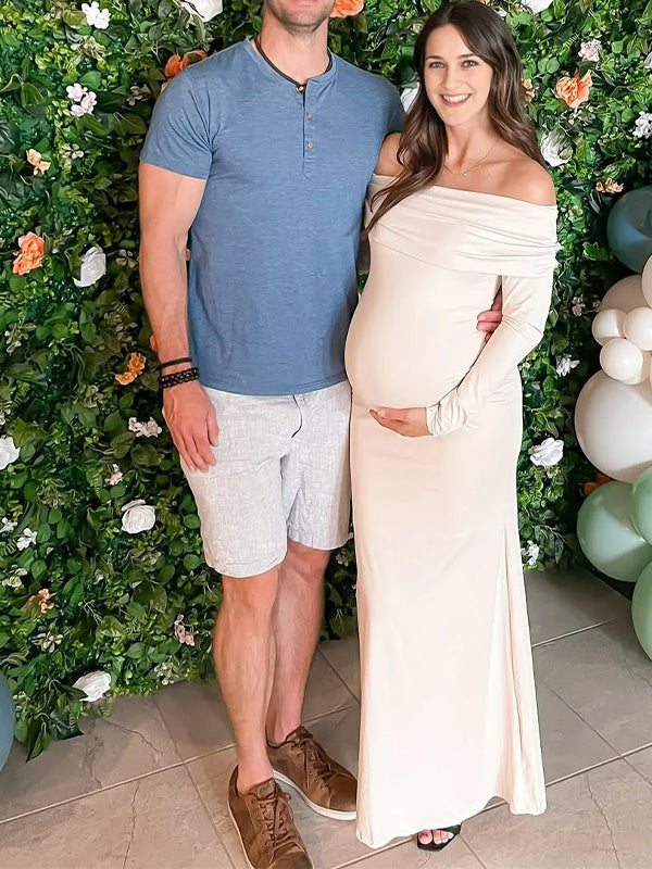 Chic- Slim-Fitted Off-Shoulder Long Sleeves Maternity Maxi Evening Gown Dress