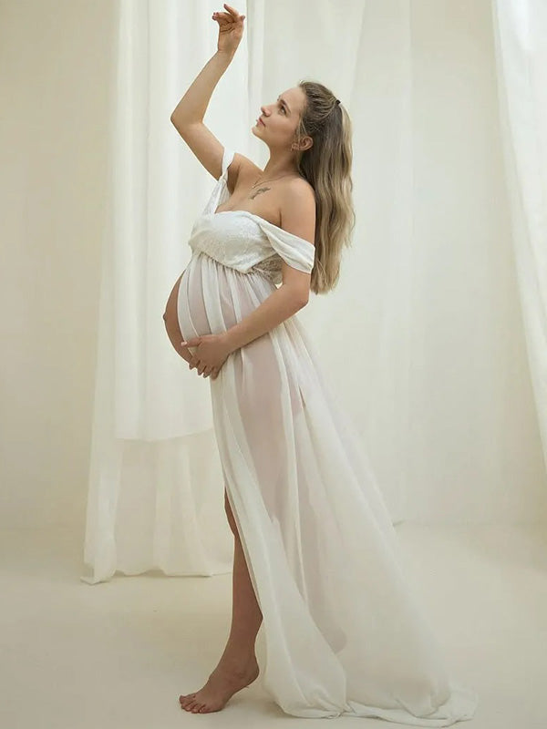 Chic-Off Shoulder Flowy Maternity Shoot Maxi Dress