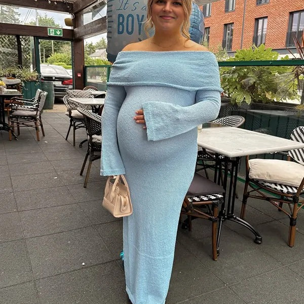 Chic- Knitting Off Shoulder Bodycon Sheer Flare Long Sleeve Maternity Maxi Dress