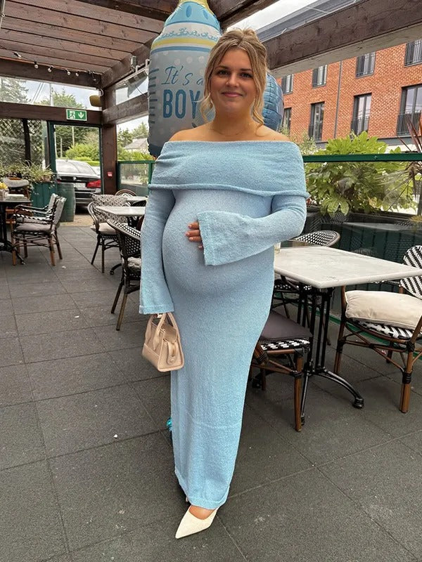 Chic- Knitting Off Shoulder Bodycon Sheer Flare Long Sleeve Maternity Maxi Dress