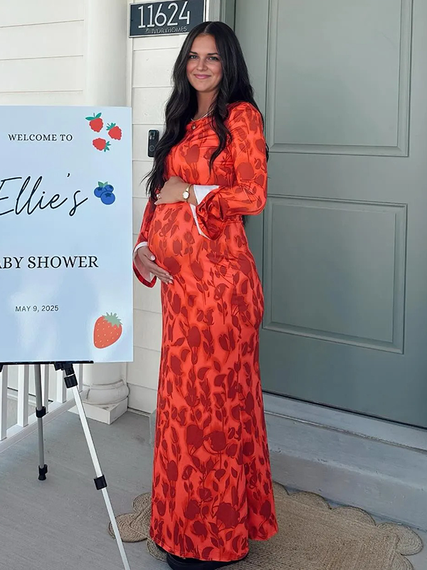 Chic-Printing Flare Long Sleeve Bodycon Maternity Maxi Dress