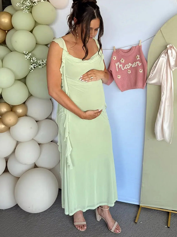 Casualwear-Square Neck Strapless Flowing Sash Maternity Dress