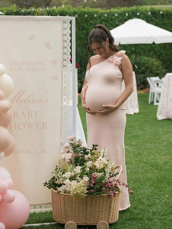 Chic-Pink Slim Fit One-shoulder 3D Flowers Maternity Maxi Dress