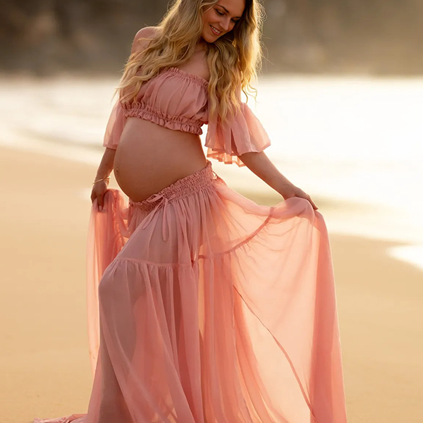Crop-Pink Boho Two-Piece Ruffle Cap Sleeves Photoshoot Maternity Maxi Dress