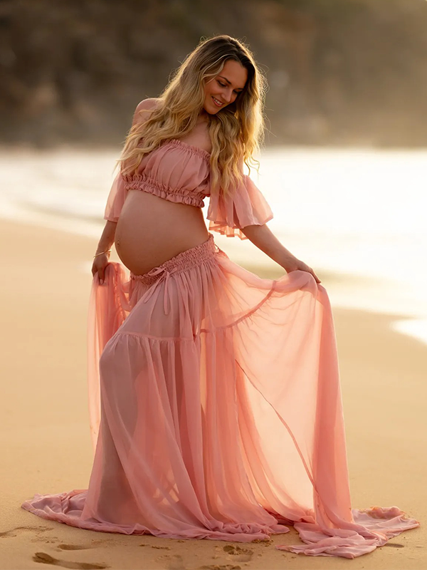 Crop-Pink Boho Two-Piece Ruffle Cap Sleeves Photoshoot Maternity Maxi Dress