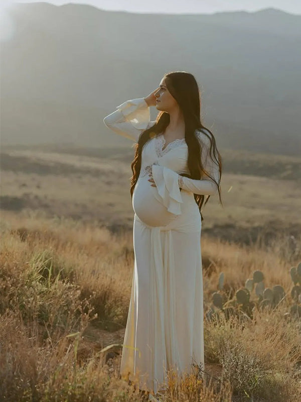 Chic- Lace Splicing V-Neck Sash Party Maternity Maxi Dress